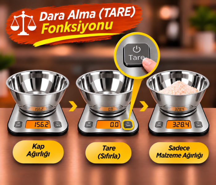 gp3-5000 dijital mutfak tartı dara alma fonksiyonu